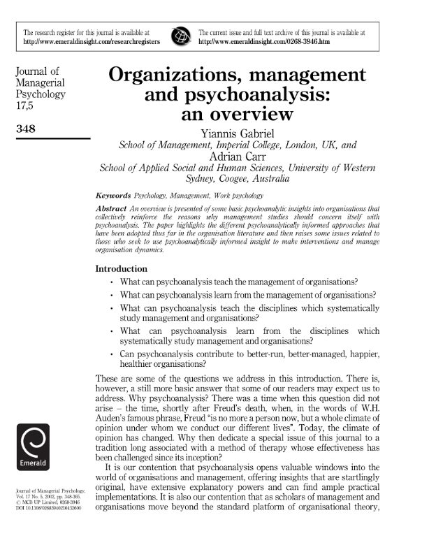 Organizations, management and psychoanalysis: an overview