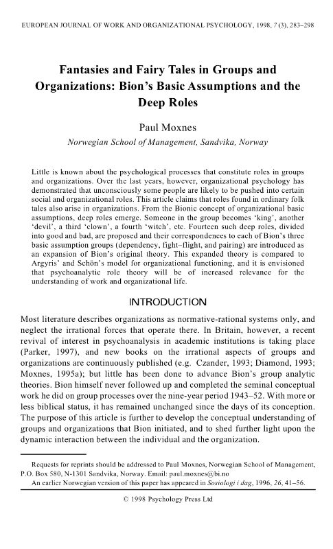Fantasies and Fairy Tales in Groups and Organizations: Bion's Basic Assumptions and the Deep Roles