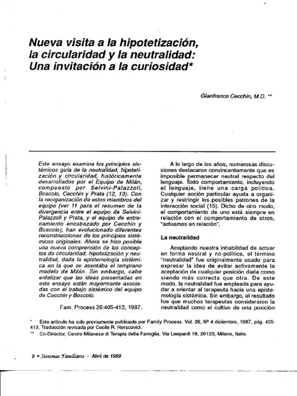 Nueva Visita a la Hipotetización, la Circularidad y la Neutralidad: Una Invitación a la Curiosidad